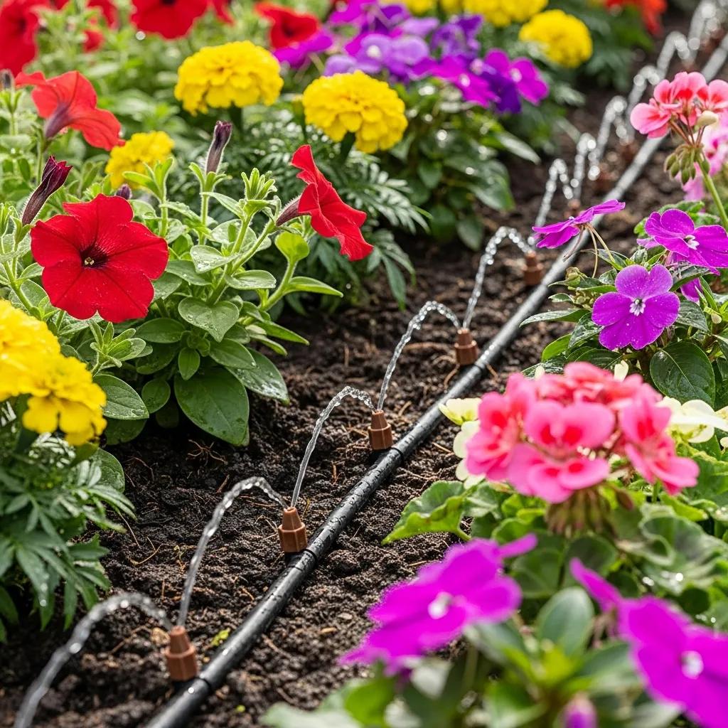 Close-up of a drip irrigation system in a flower bed, showcasing efficient watering directly to plant roots