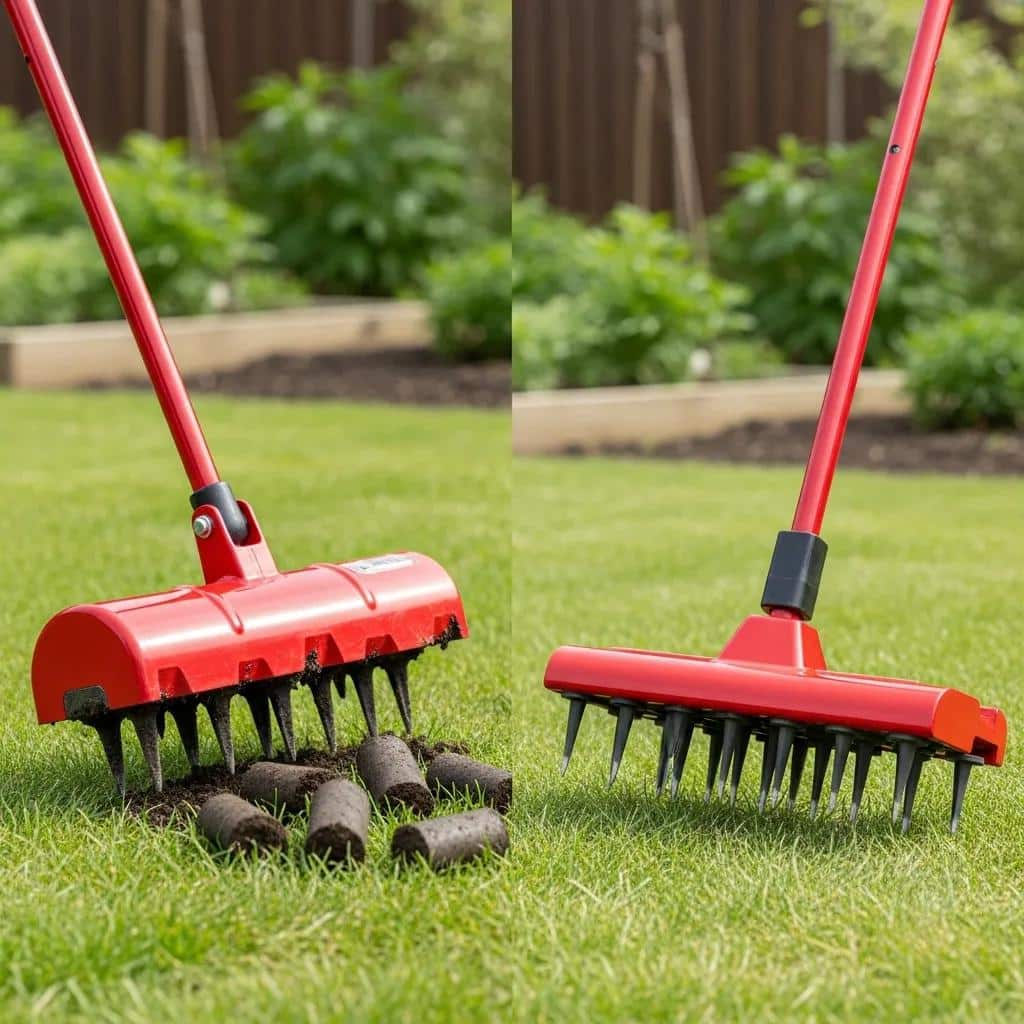 Core and spike aerators displayed in a garden setting for lawn care