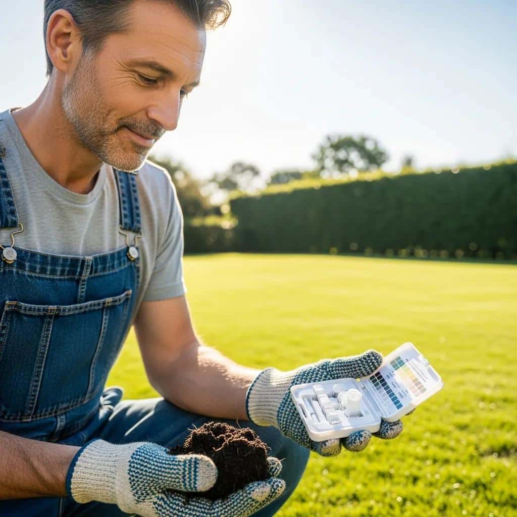 Gardener demonstrating soil testing to enhance lawn fertilization results