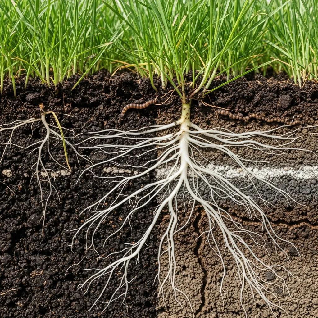 Healthy grass roots in aerated soil showing improved nutrient uptake