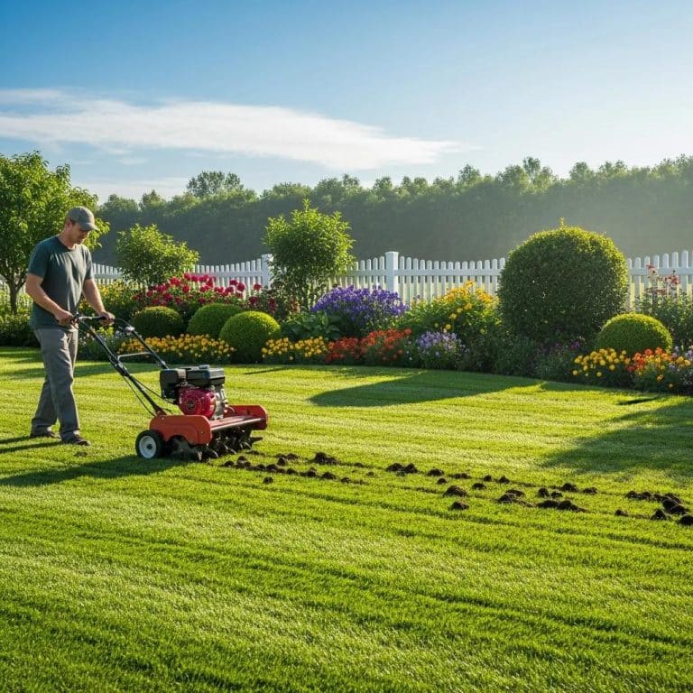 Lawn aeration process with a core aerator on a healthy green lawn