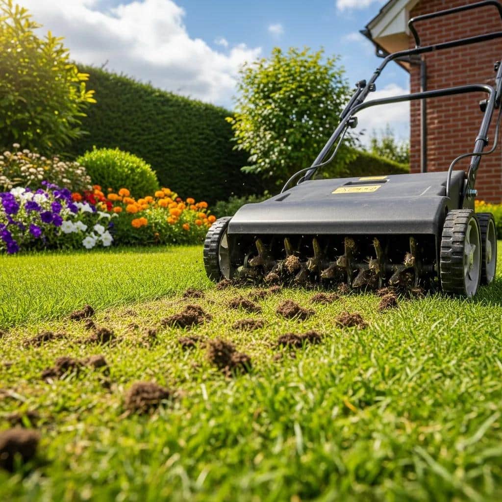 Lawn aerator in action, demonstrating the aeration process for healthy grass growth