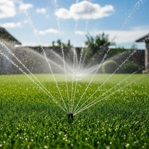 Lush green lawn with a modern lawn sprinkler system in action, emphasizing efficient irrigation