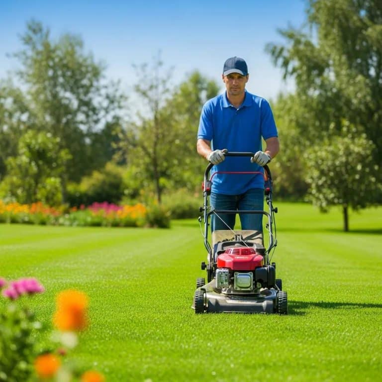 Lush green lawn with a person mowing grass, representing essential lawn care maintenance tips