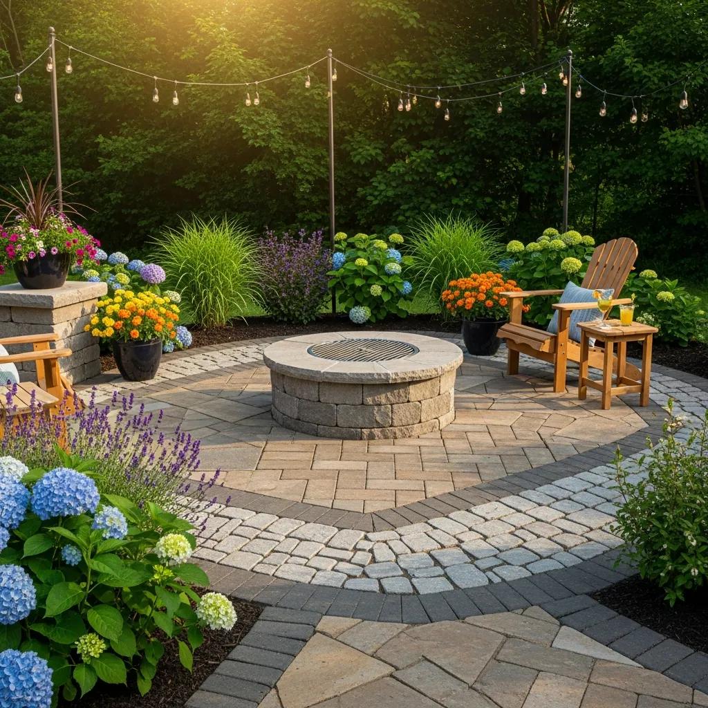 Newly installed patio with decorative stonework and surrounding plants