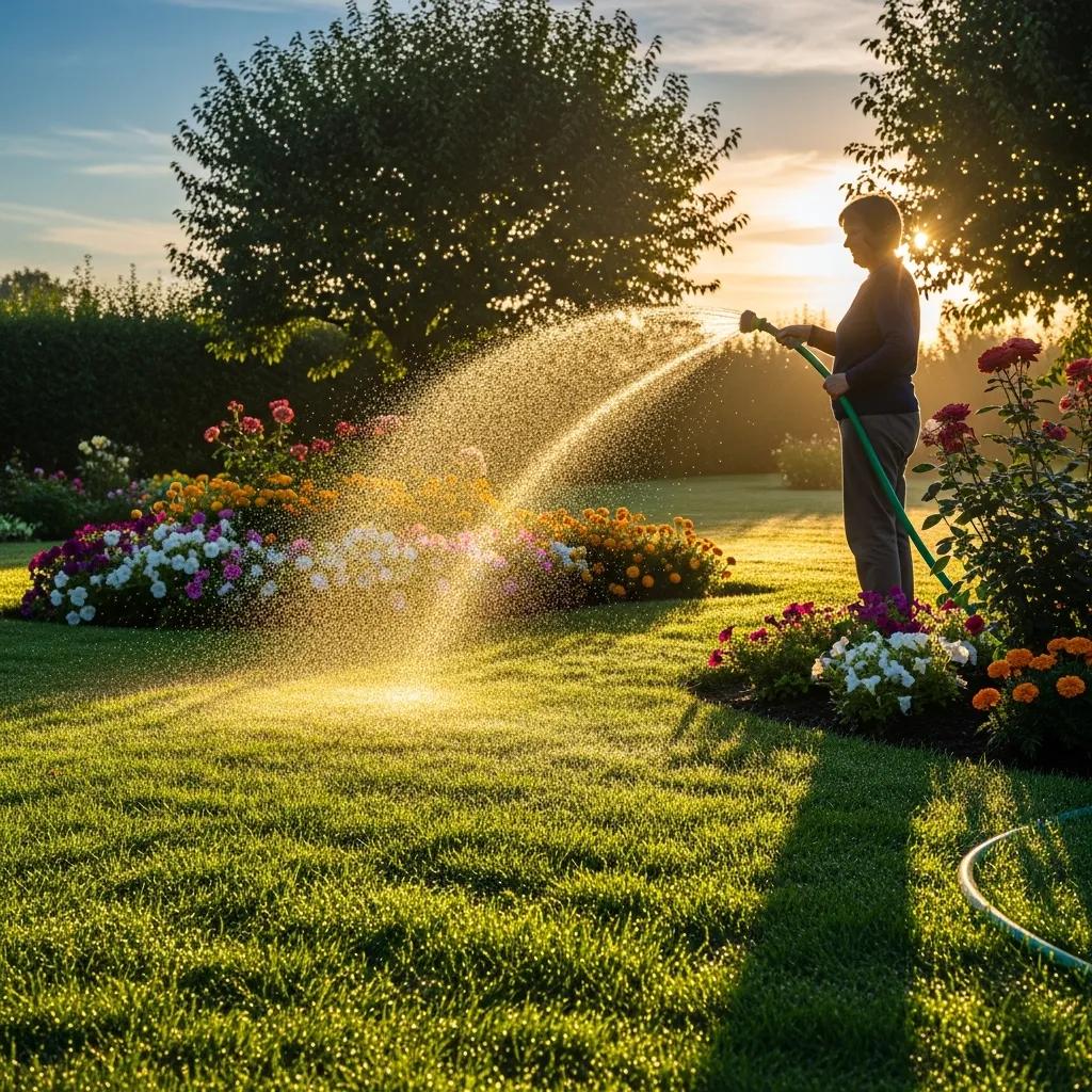 Person watering a lush lawn in the morning, illustrating effective lawn watering techniques