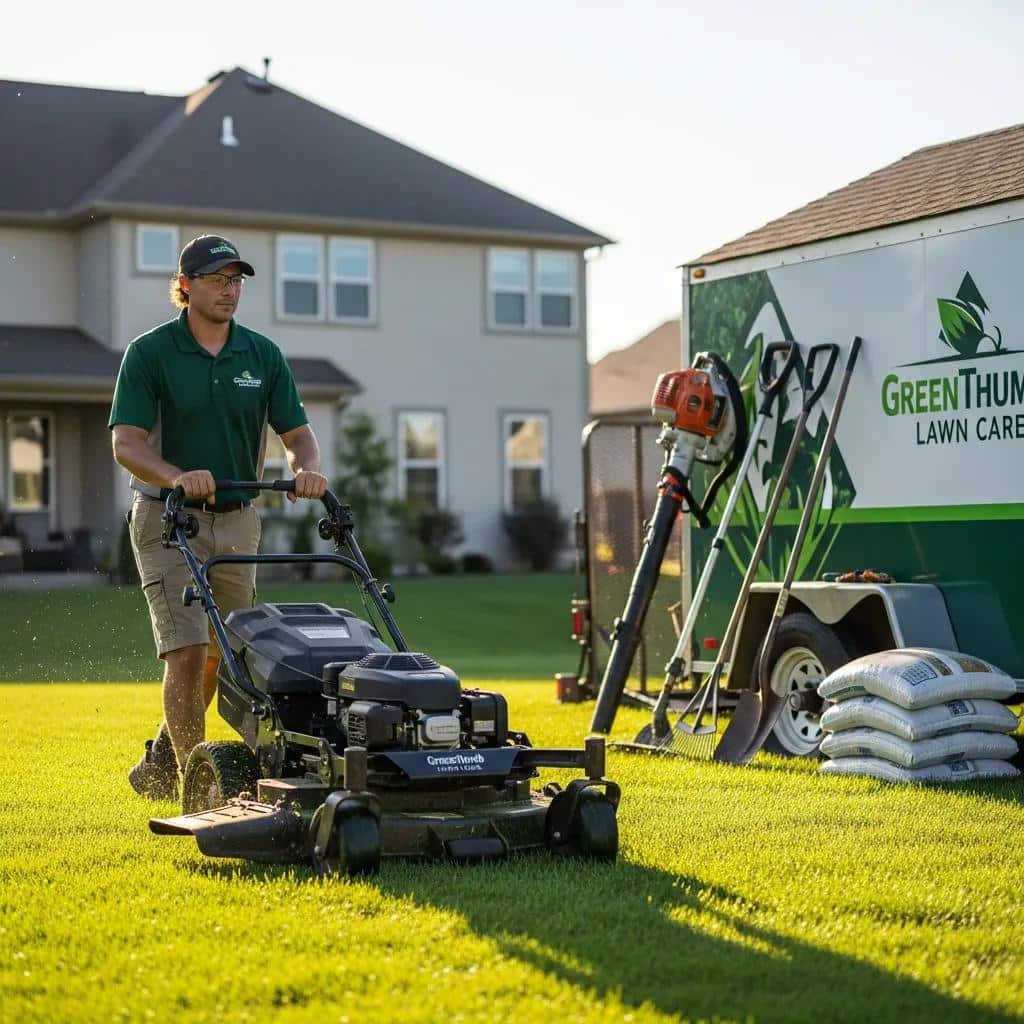 Professional landscaper mowing a vibrant green lawn
