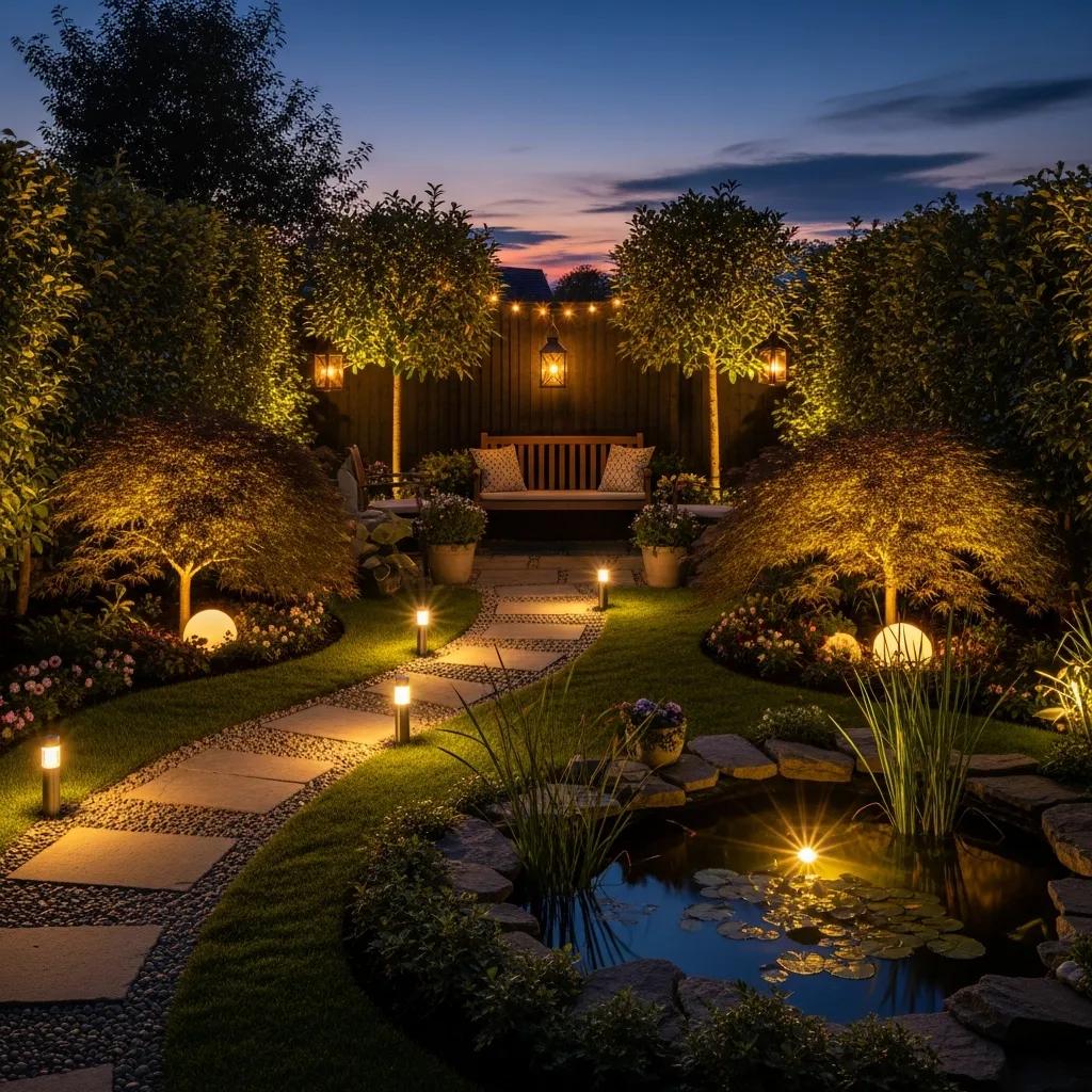 Small garden illuminated with layered lighting techniques for ambiance