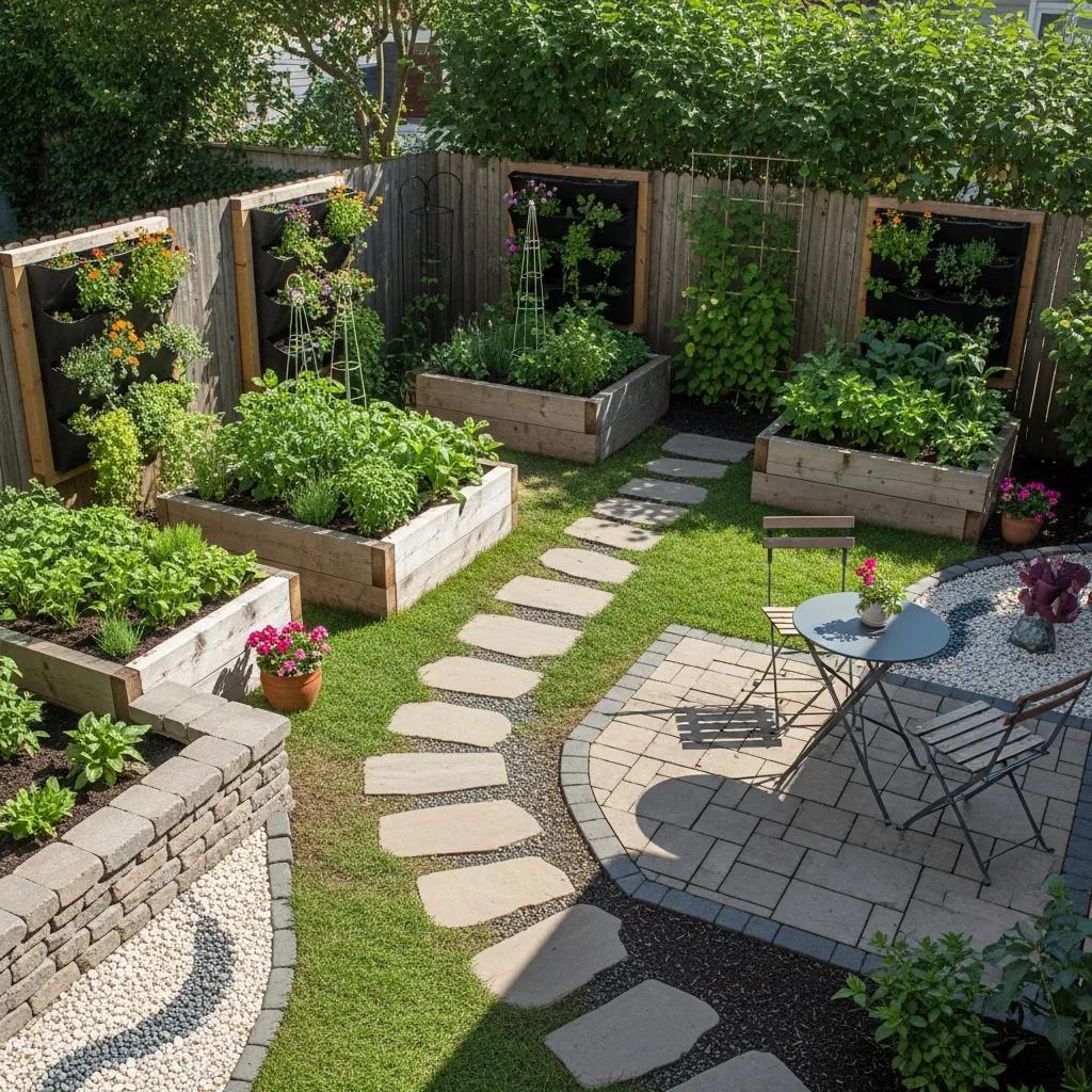 Small yard with raised beds and hardscaping features for optimized space