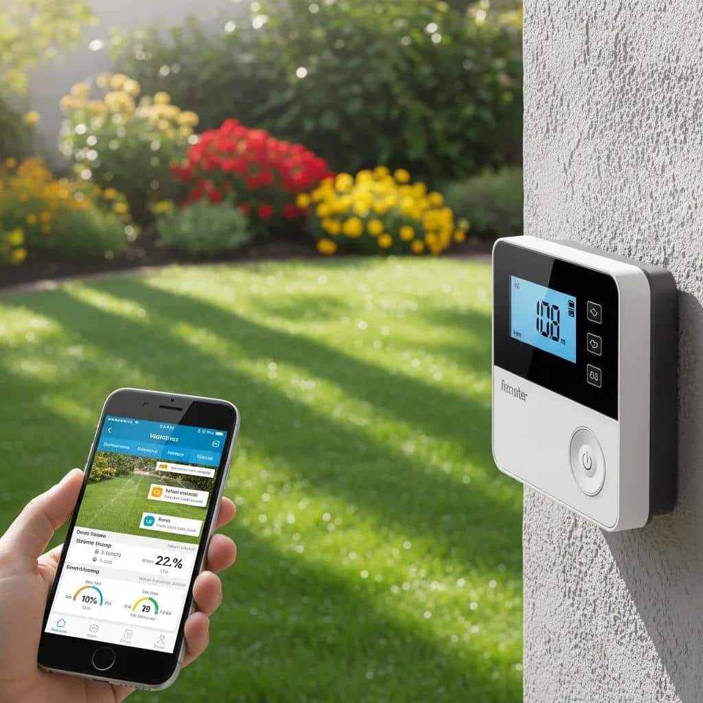 Smart irrigation controller with smartphone app in an outdoor setting, highlighting water efficiency technology