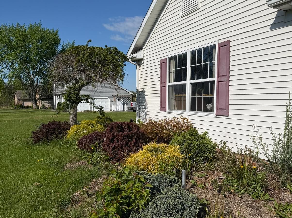 Front yard garden bed along the side of a white siding house with maroon shutters and a large window; a curved tree and green lawn in view under a blue sky.