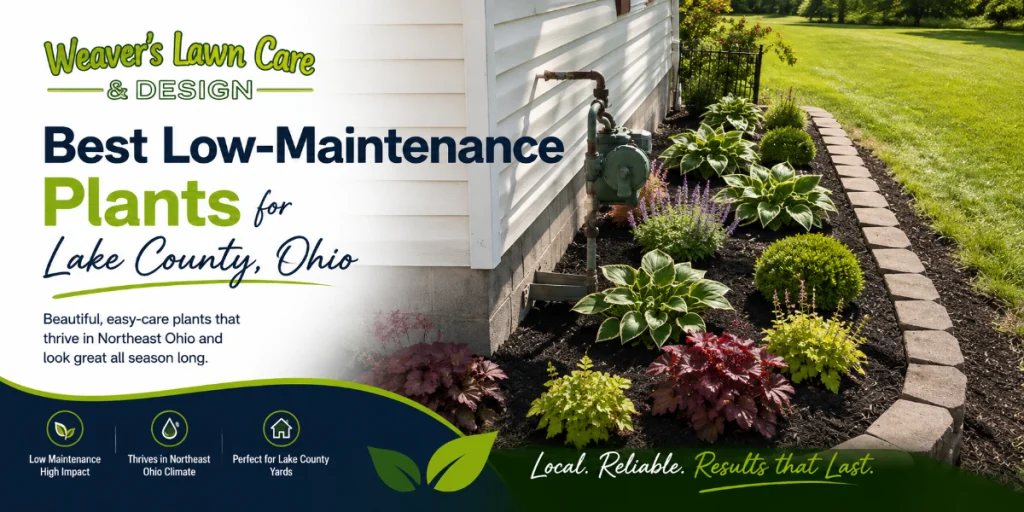 Banner for Weaver's Lawn Care & Design promoting best low-maintenance plants for Lake County, Ohio, with a landscaped garden bed beside a white house.