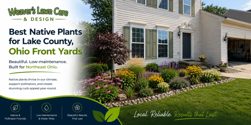 Banner for Weaver's Lawn Care ad showing a landscaped front yard with colorful flowers beside a house, promoting native plants for Lake County, Ohio front yards.
