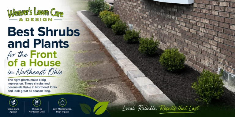 Banner ad for Weaver's Lawn Care showing shrubs along a brick house with a stone-edged bed and the headline 'Best Shrubs and Plants for the Front of a House in Northeast Ohio'.