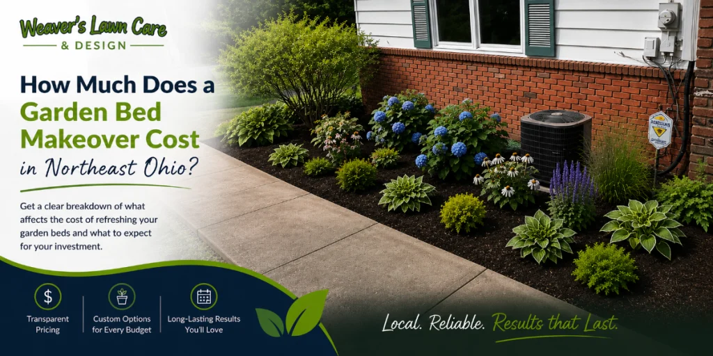 Banner for a landscaping article: cost of garden bed makeovers in Northeast Ohio, with plants and front-yard bed image on the right.