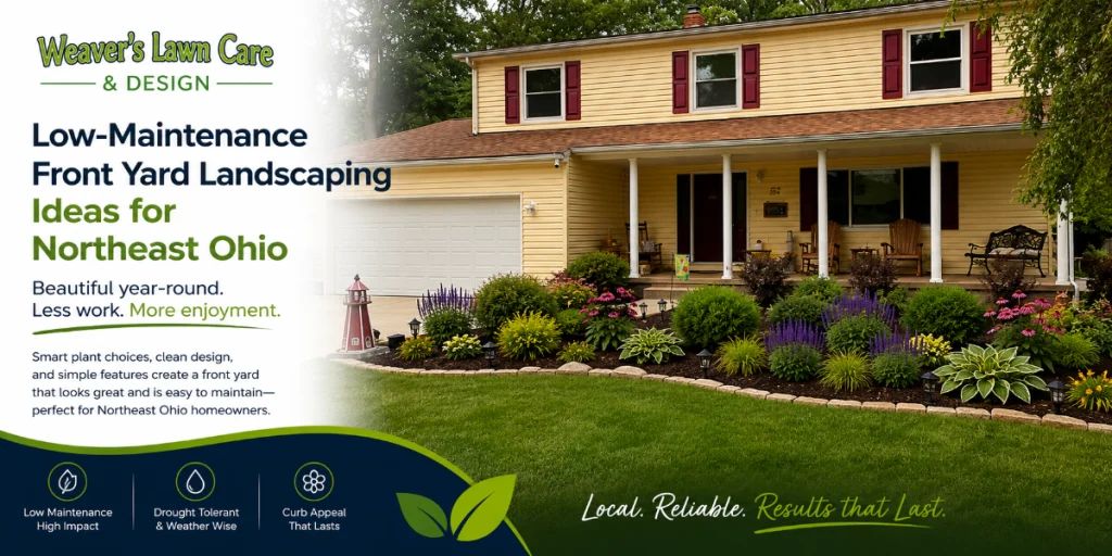 Front yard with a lush, colorful landscape in front of a beige house; banner reads 'Low-Maintenance Front Yard Landscaping Ideas for Northeast Ohio' (Weaver's Lawn Care).