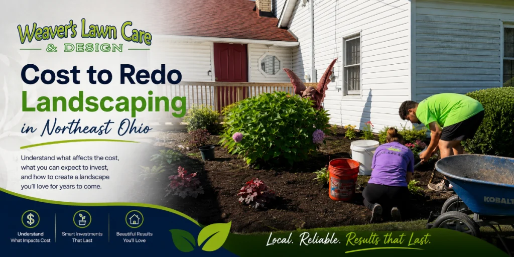 Banner image for a landscaping article: 'Cost to Redo Landscaping in Northeast Ohio' with workers planting in a yard beside a white house.