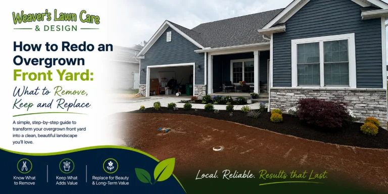 Weaver's Lawn Care hero banner showing a modern house with a freshly landscaped front yard and the title: 'How to Redo an Overgrown Front Yard: What to Remove, Keep and Replace.'