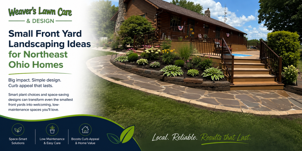 Landscape design banner showing a curved stone path and layered plant beds around a wooden deck, for Northeast Ohio home front yards.